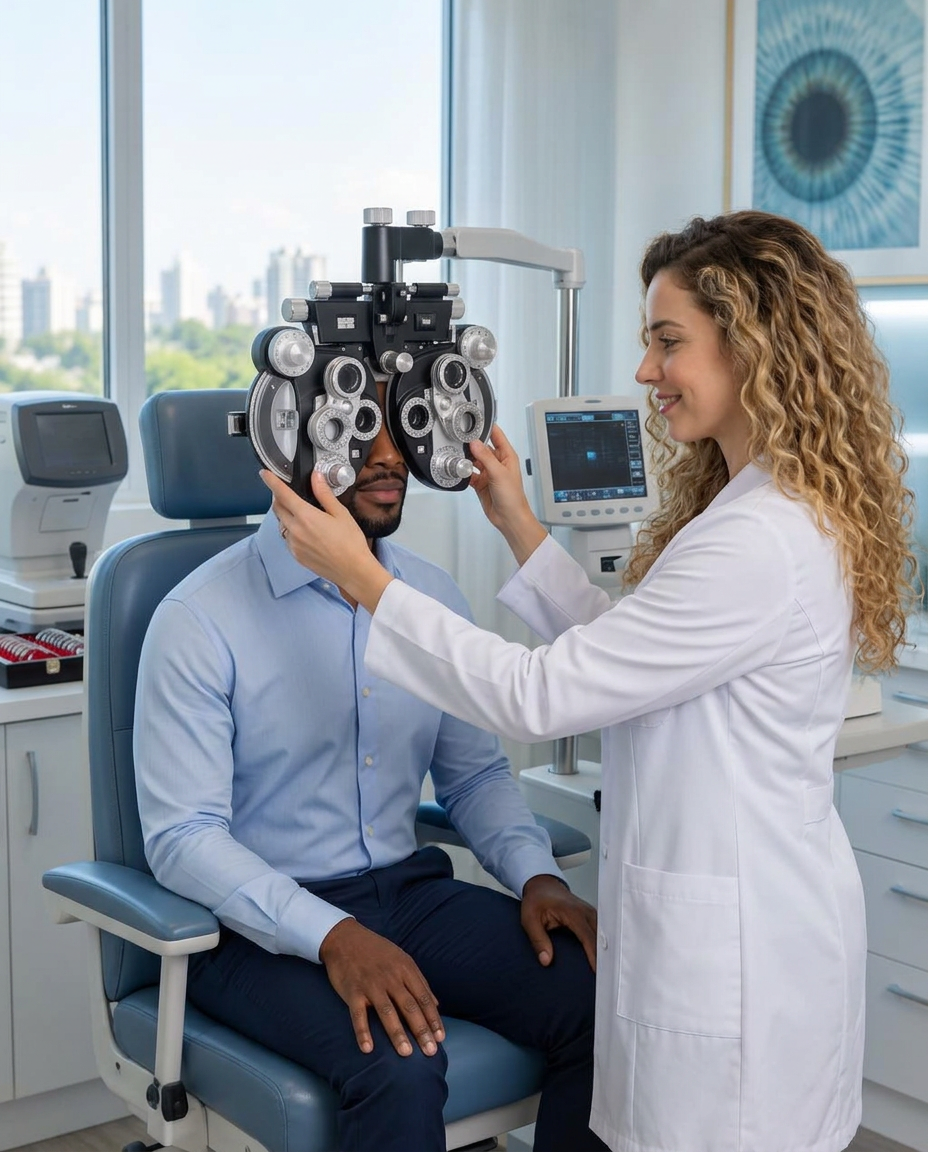 Optometrista realizando exame de vista em um paciente